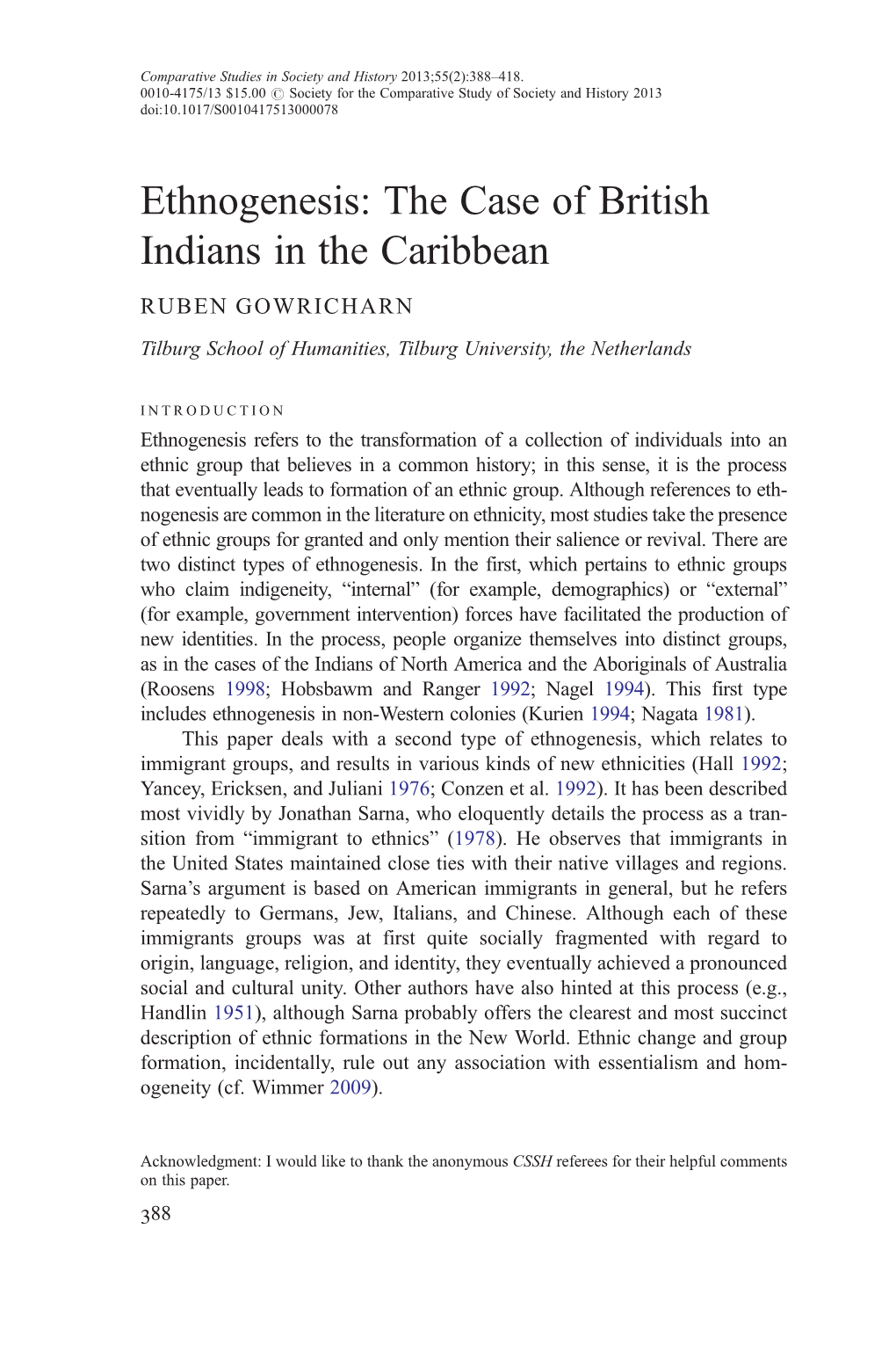 Ethnogenesis: the Case of British Indians in the Caribbean