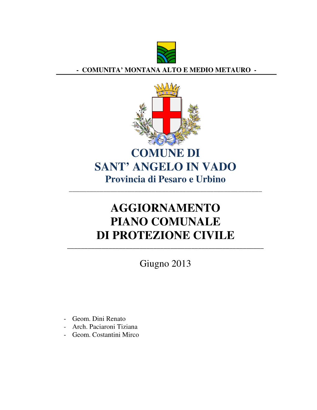 Comune Di Sant' Angelo in Vado Aggiornamento Piano Comunale Di Protezione Civile