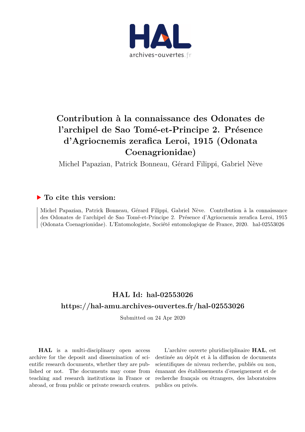 Odonata Coenagrionidae) Michel Papazian, Patrick Bonneau, Gérard Filippi, Gabriel Nève