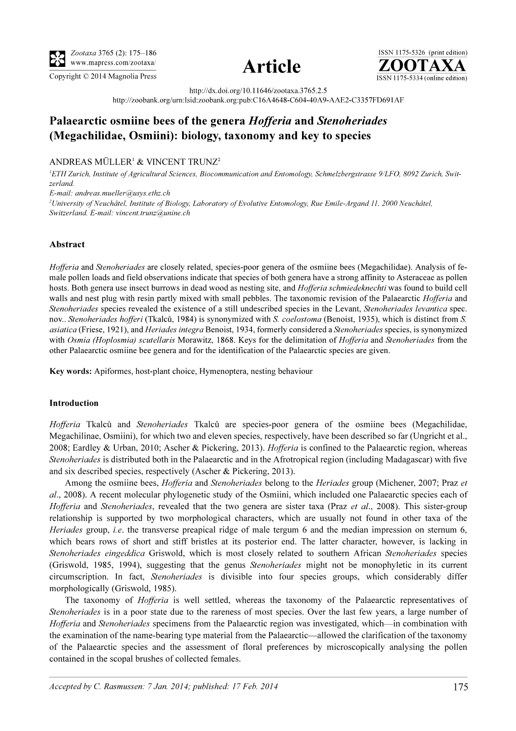 Megachilidae, Osmiini): Biology, Taxonomy and Key to Species