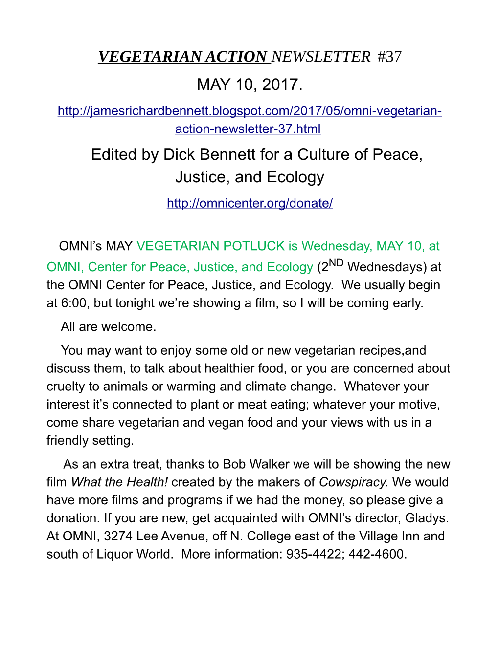 May 10, 2017, Vegetarian Action Newsletter