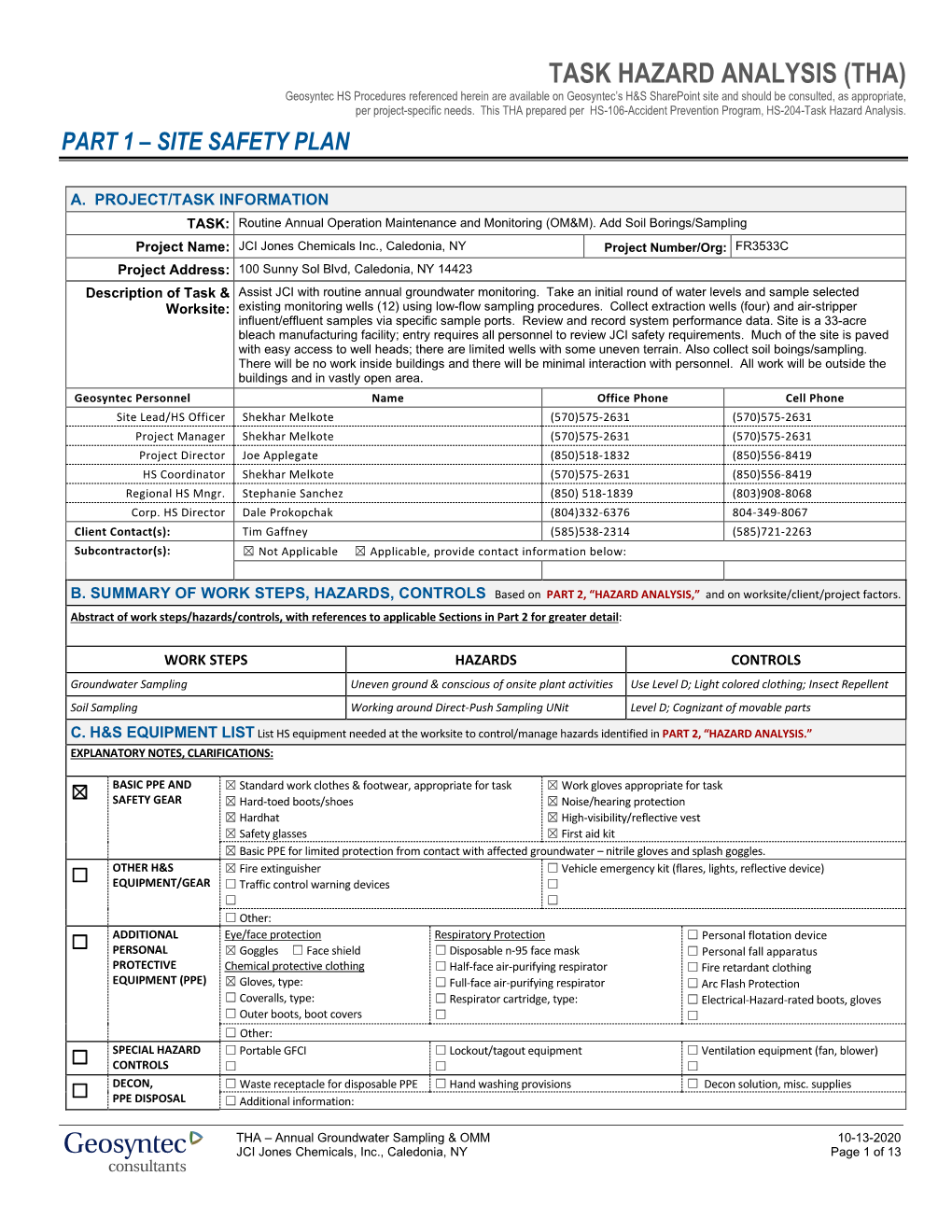 THA) Geosyntec HS Procedures Referenced Herein Are Available on Geosyntec’S H&S Sharepoint Site and Should Be Consulted, As Appropriate, Per Project-Specific Needs