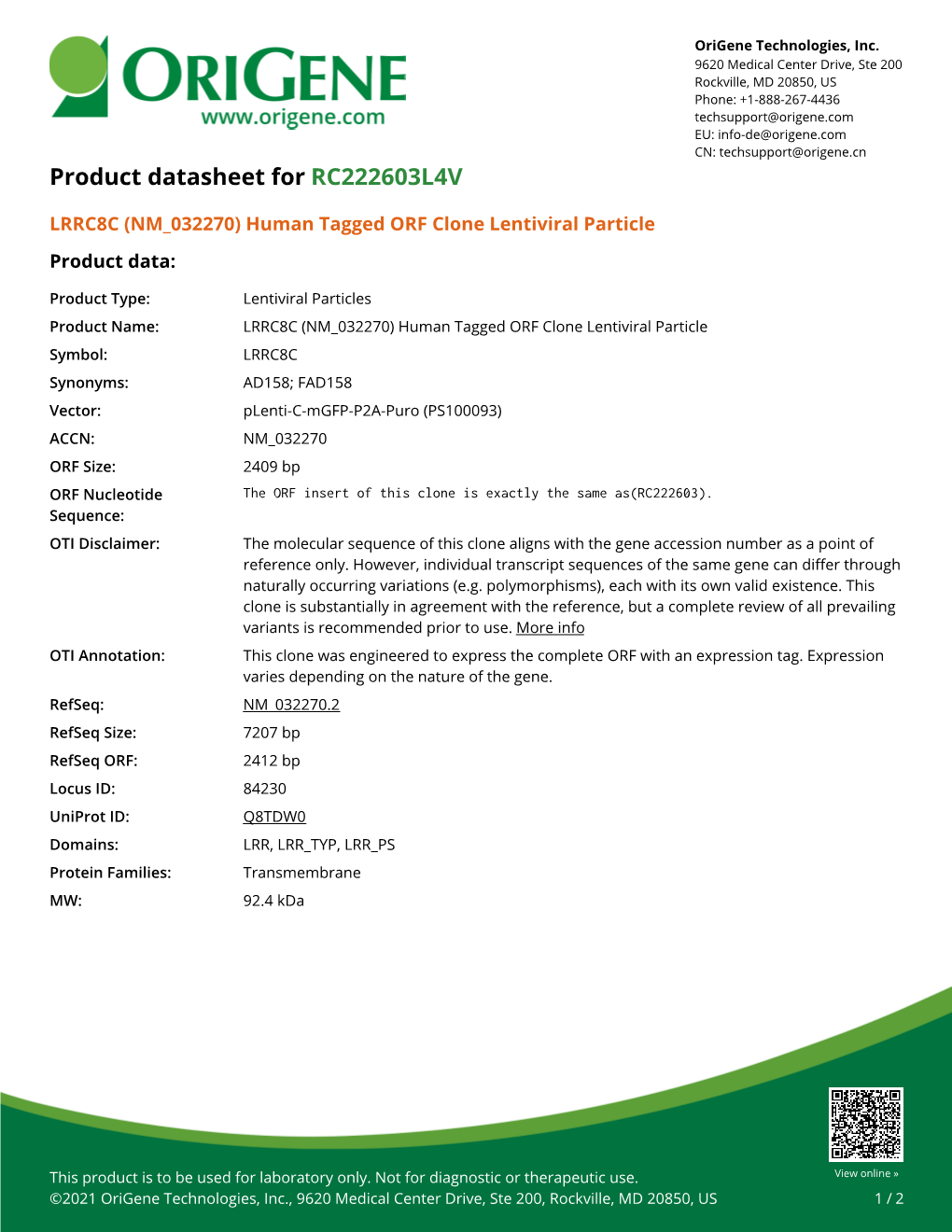 LRRC8C (NM 032270) Human Tagged ORF Clone Lentiviral Particle Product Data