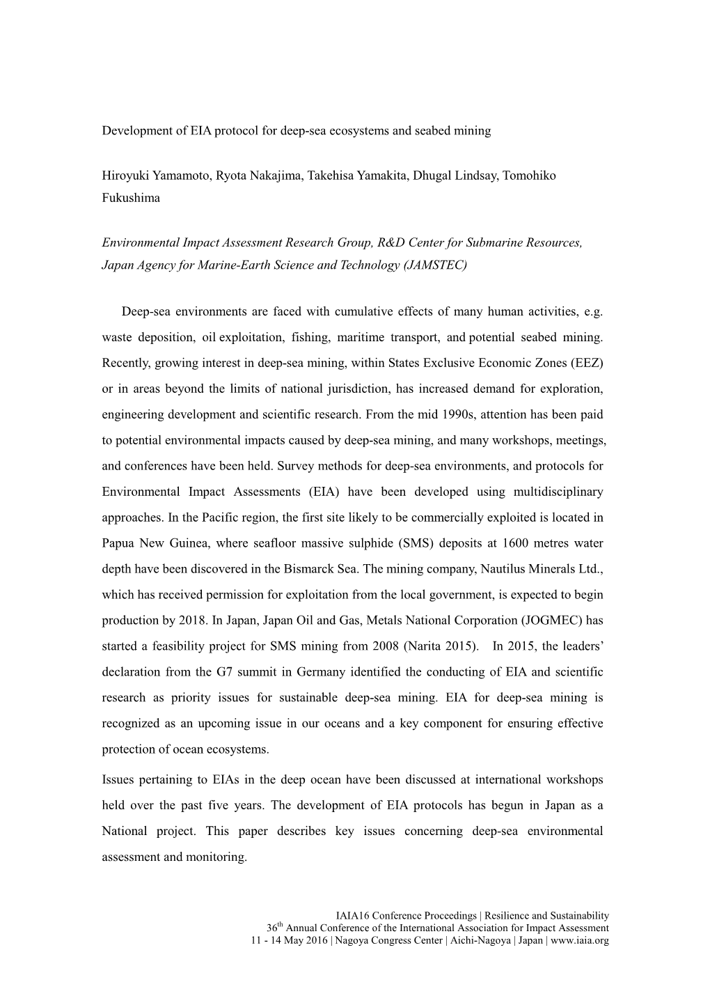 EIA Protocol Deep-Sea Ecosystems and Seabed Mining