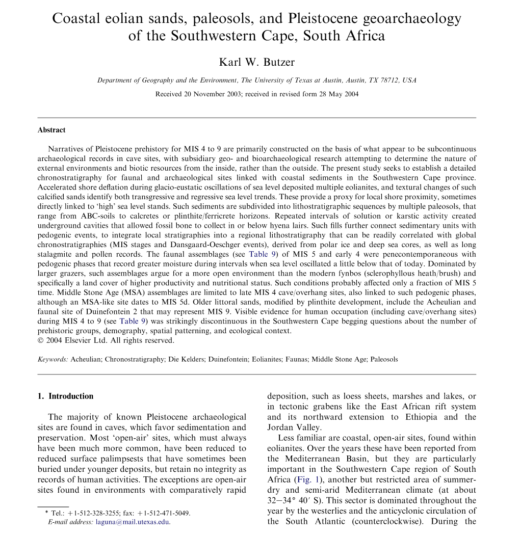 Coastal Eolian Sands, Paleosols, and Pleistocene Geoarchaeology of the Southwestern Cape, South Africa