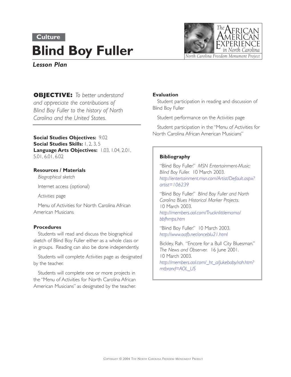 Blind Boy Fuller North Carolina Freedom Monument Project Lesson Plan