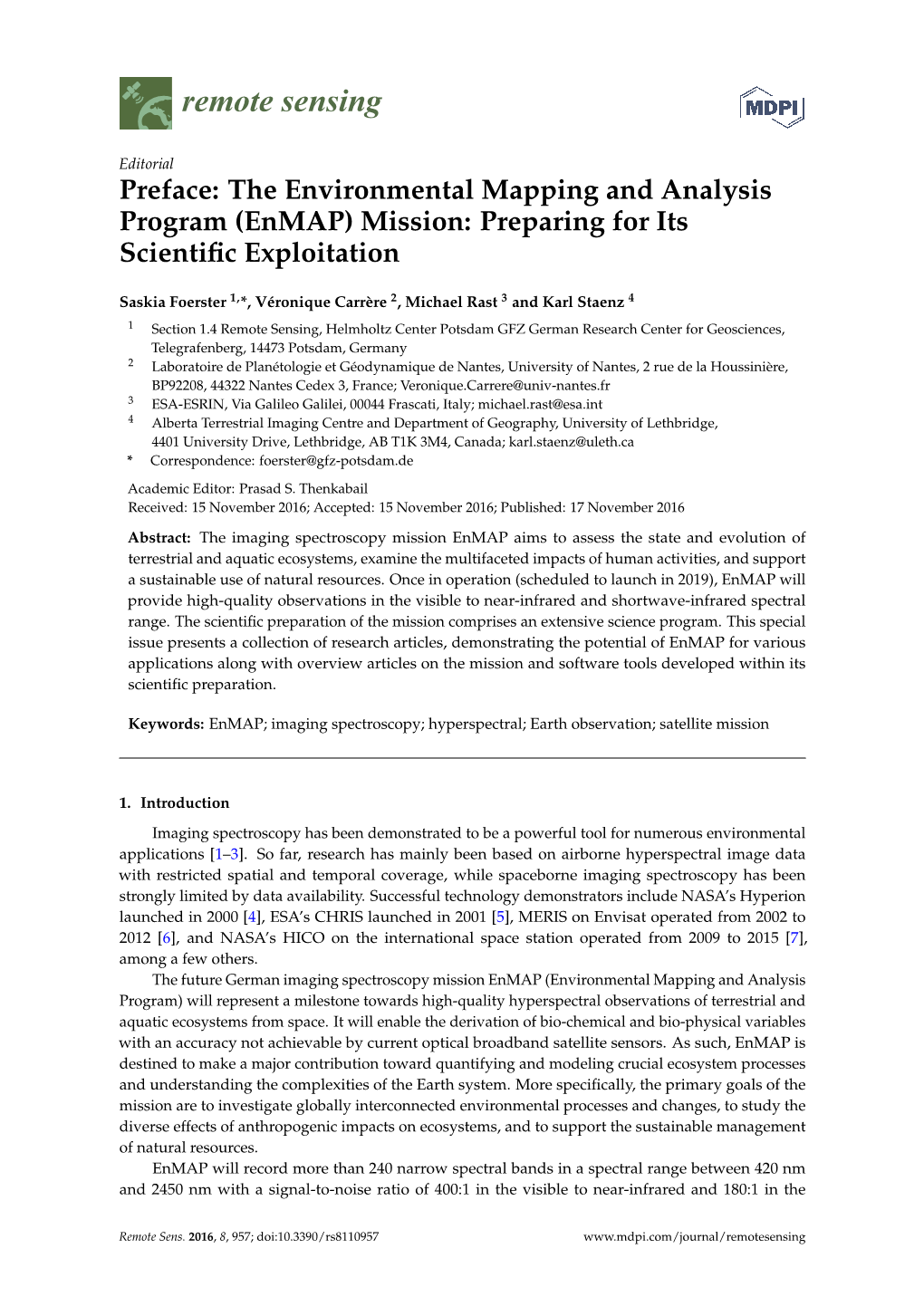 The Environmental Mapping and Analysis Program (Enmap) Mission: Preparing for Its Scientiﬁc Exploitation