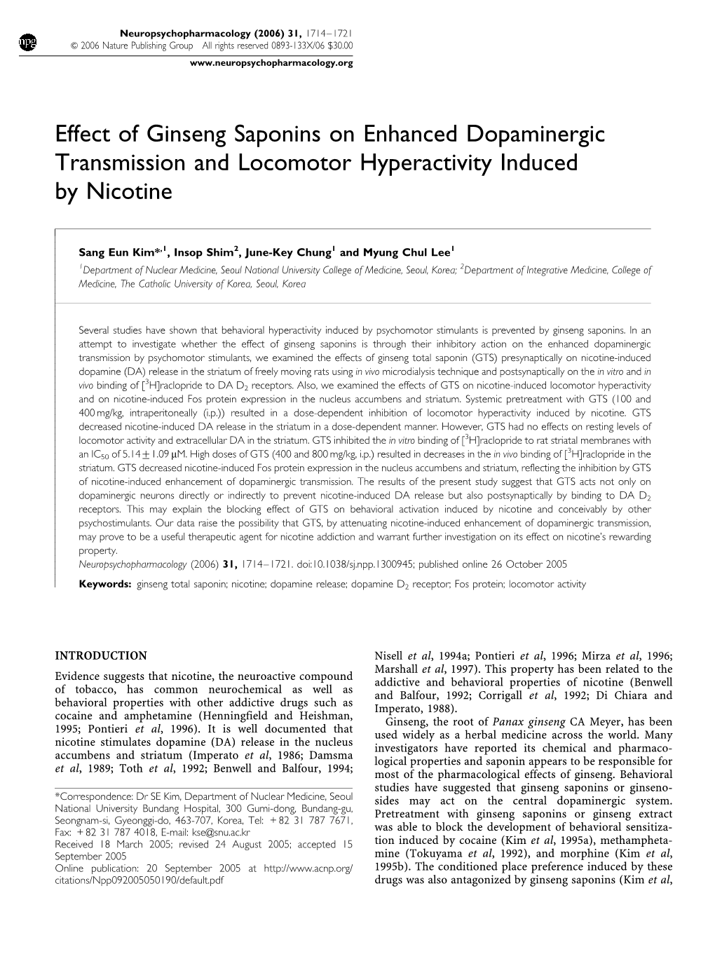 Effect of Ginseng Saponins on Enhanced Dopaminergic Transmission and Locomotor Hyperactivity Induced by Nicotine