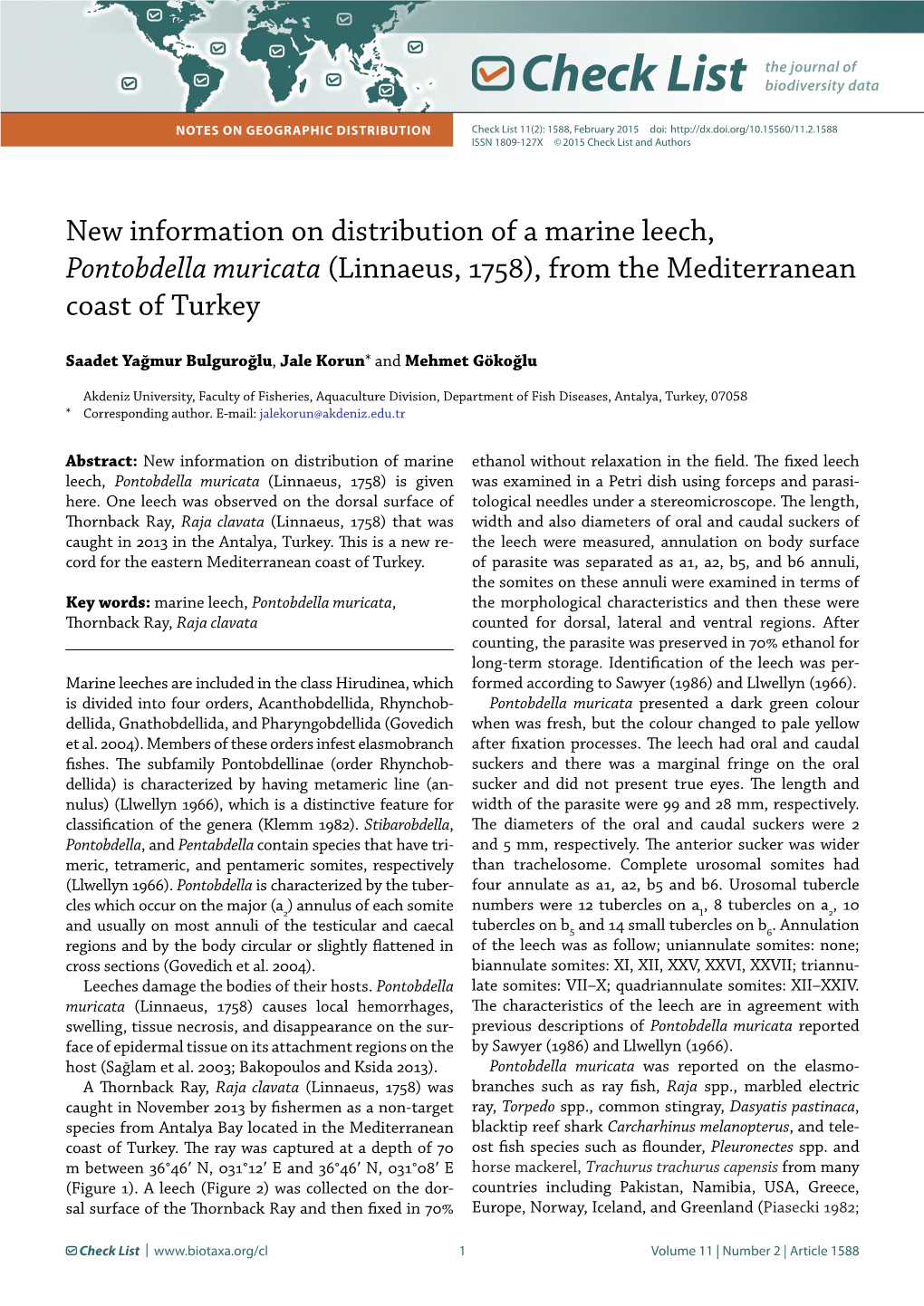 New Information on Distribution of a Marine Leech, Pontobdella Muricata (Linnaeus, 1758), from the Mediterranean Coast of Turkey