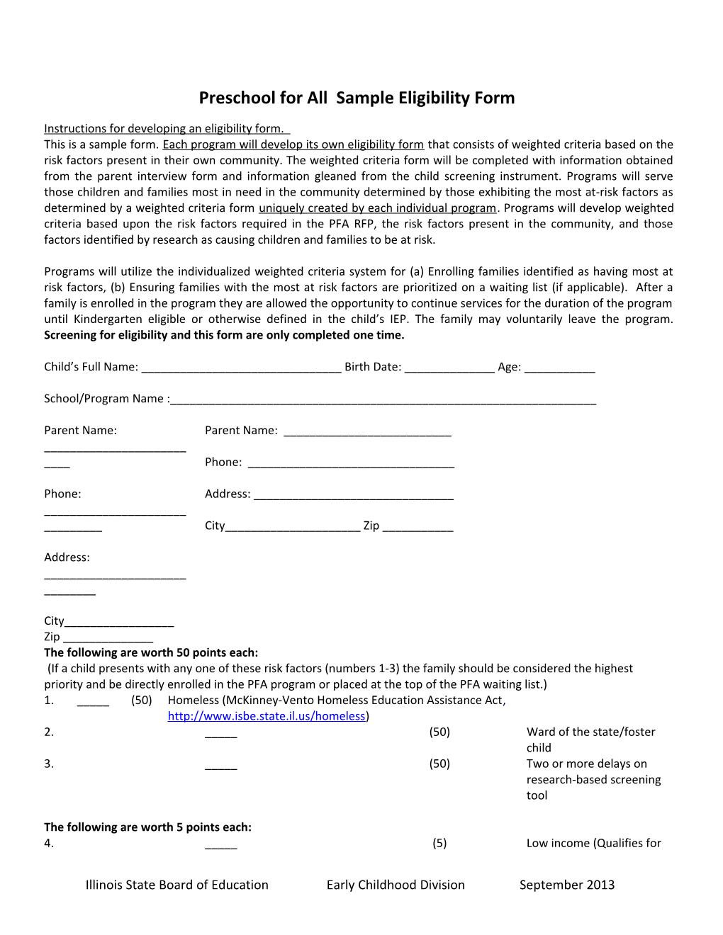 Sample Weighted Eligibility Form