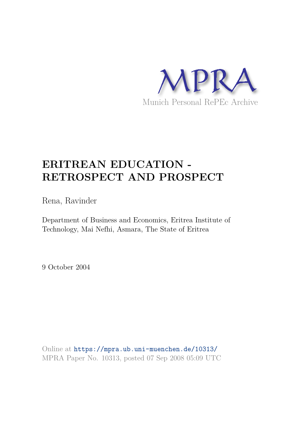 Eritrean Education - Retrospect and Prospect