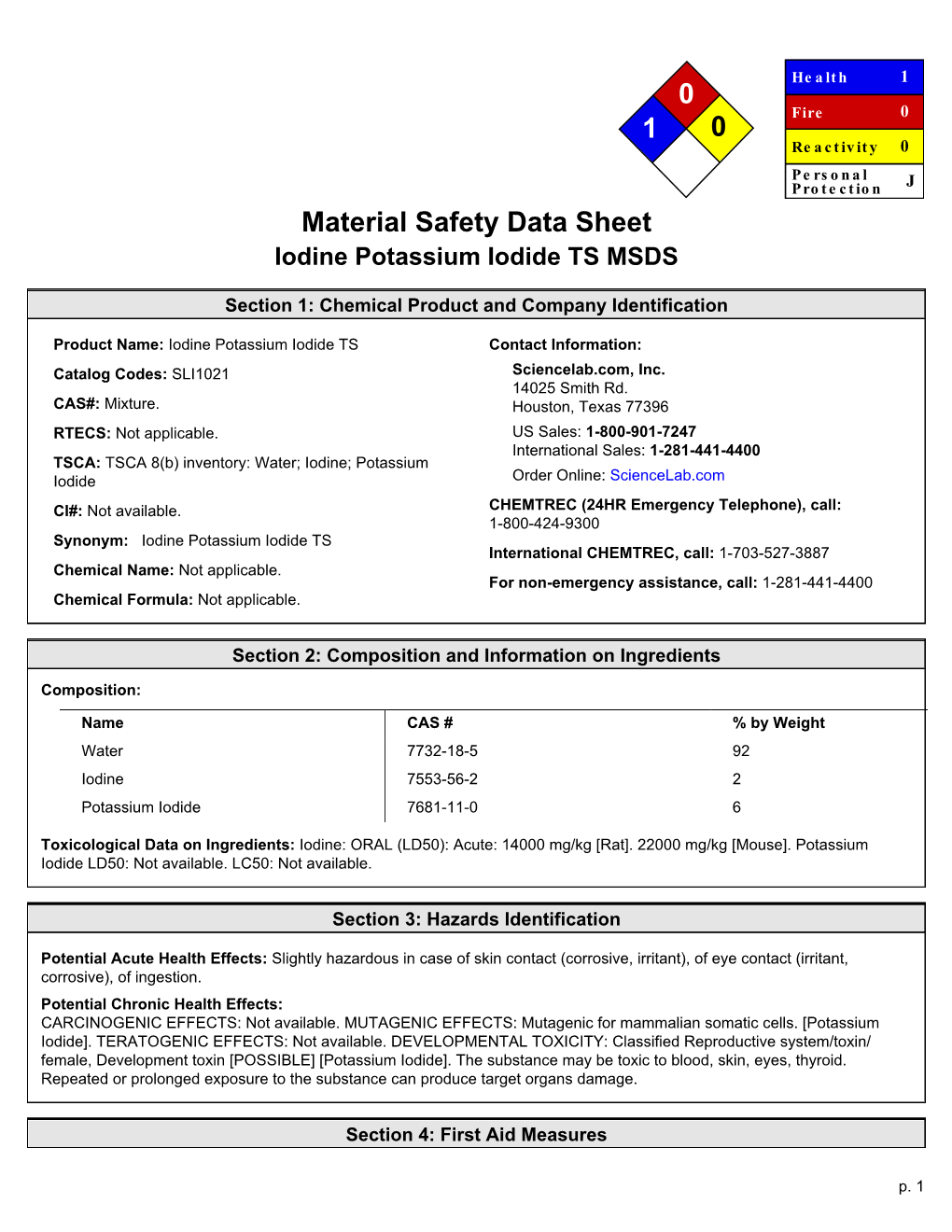 MSDS Iodine Potassium Iodide Solution