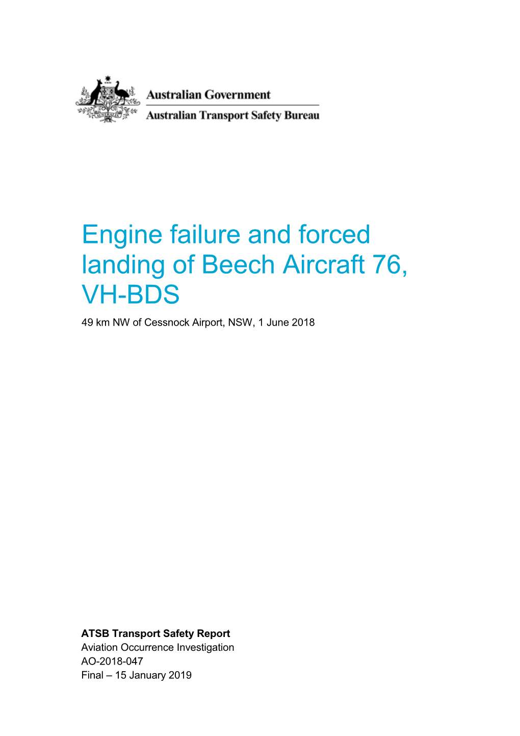 Engine Failure and Forced Landing of Beech Aircraft 76, VH-BDS