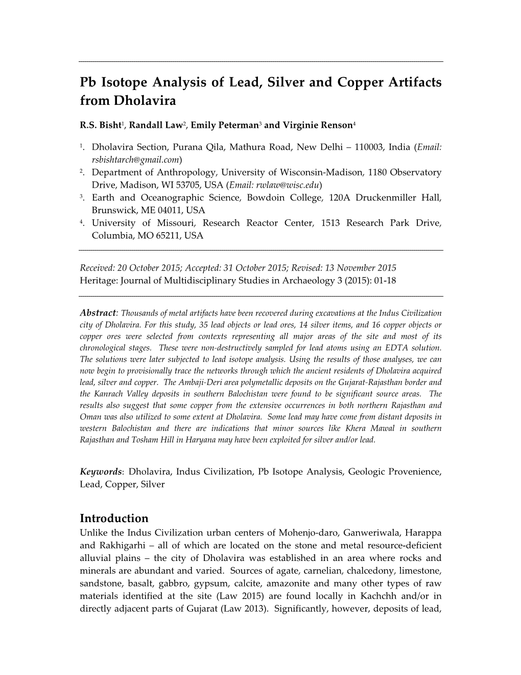 Pb Isotope Analysis of Lead, Silver and Copper Artifacts from Dholavira