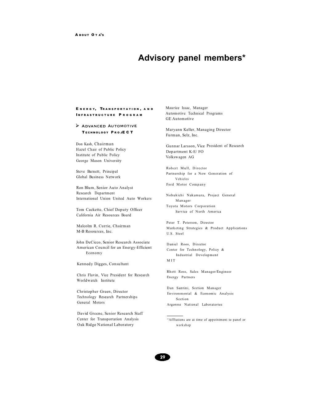 Advisory Panel Members*