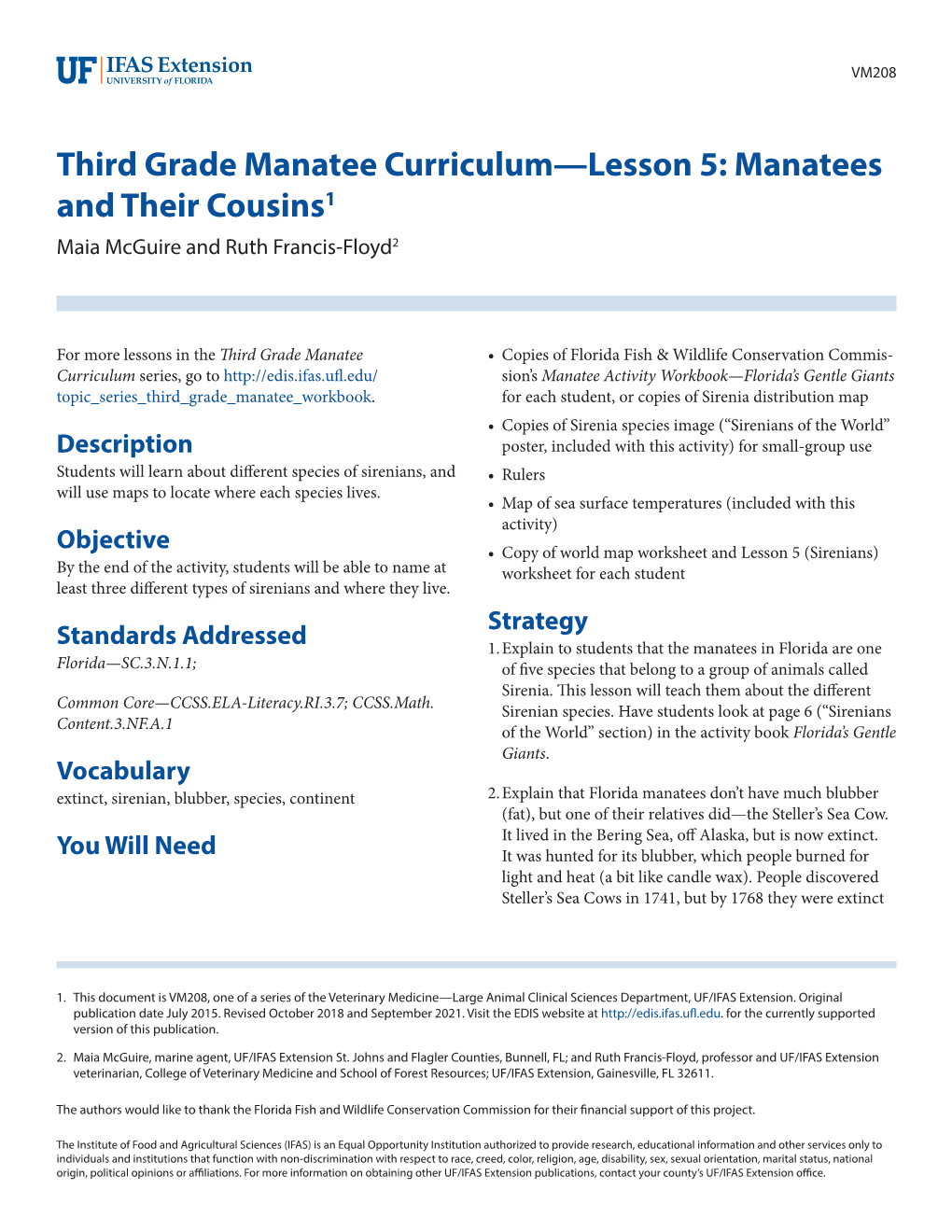 Third Grade Manatee Curriculum—Lesson 5: Manatees and Their Cousins1 Maia Mcguire and Ruth Francis-Floyd2