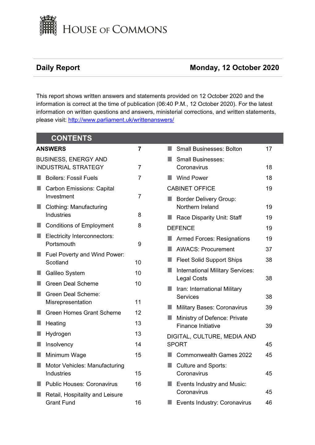 Daily Report Monday, 12 October 2020 CONTENTS