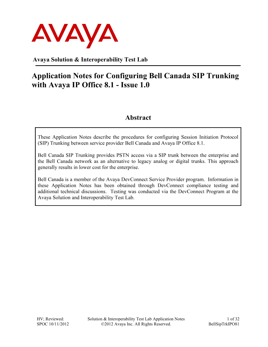 Bell Canada SIP Trunking with Avaya IP Office 8.1 - Issue 1.0