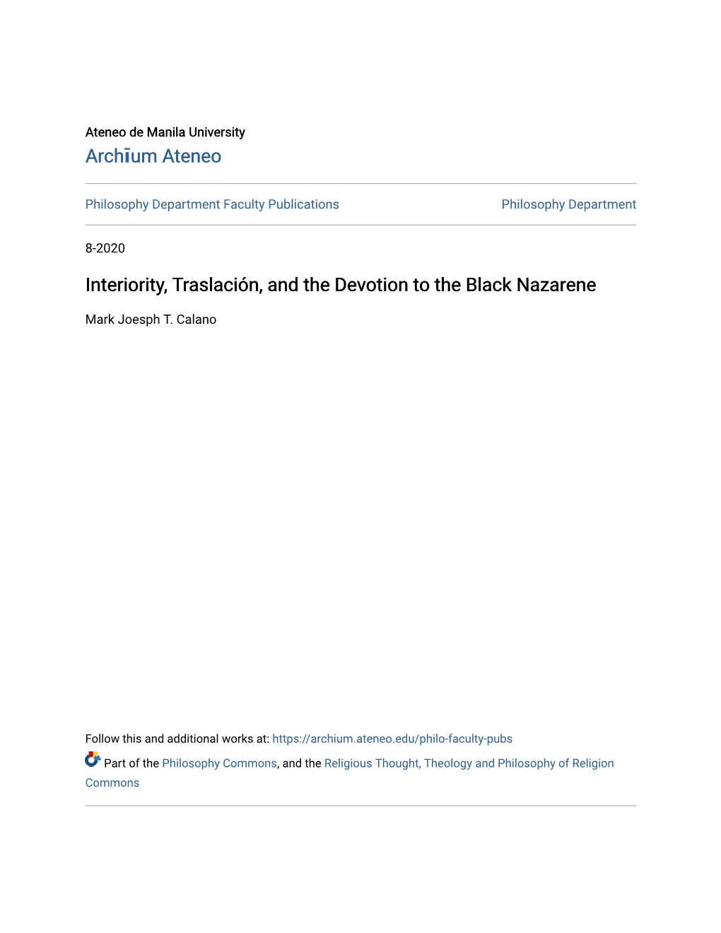 Interiority, Traslación, and the Devotion to the Black Nazarene