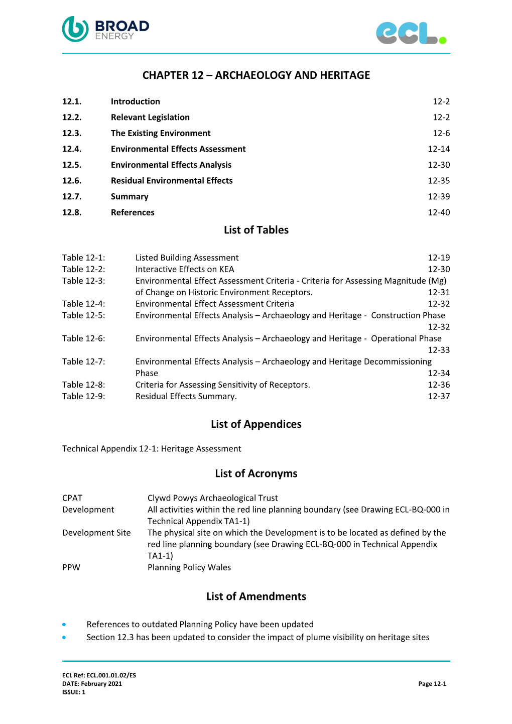 ARCHAEOLOGY and HERITAGE List of Tables List of Appendices List Of