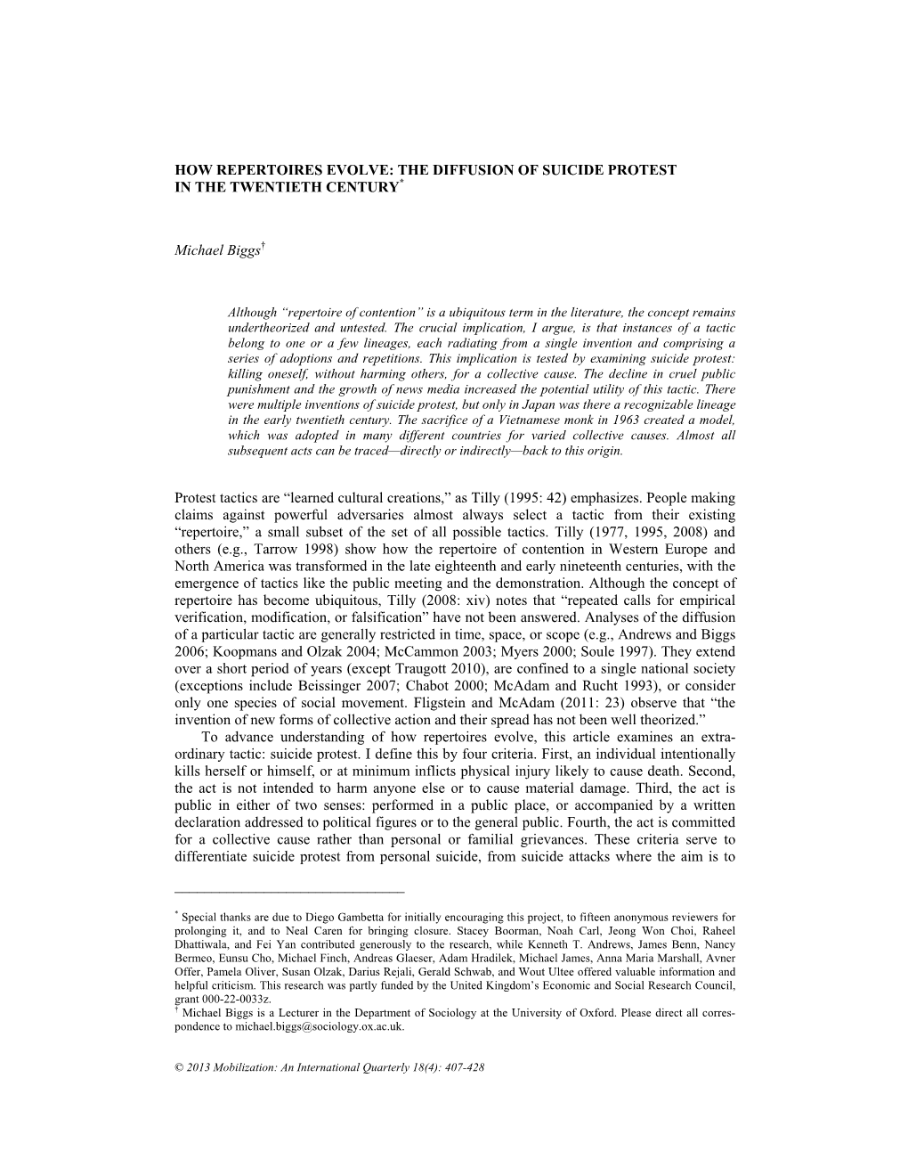 How Repertoires Evolve: the Diffusion of Suicide Protest in the Twentieth Century*