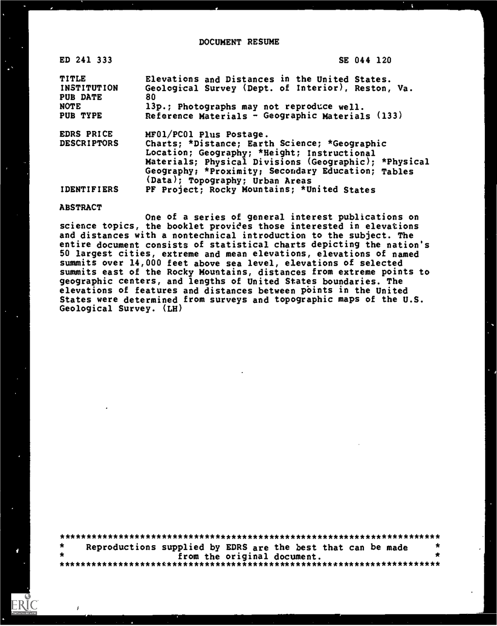 DOCUMENT RESUME Elevations and Distances in the United