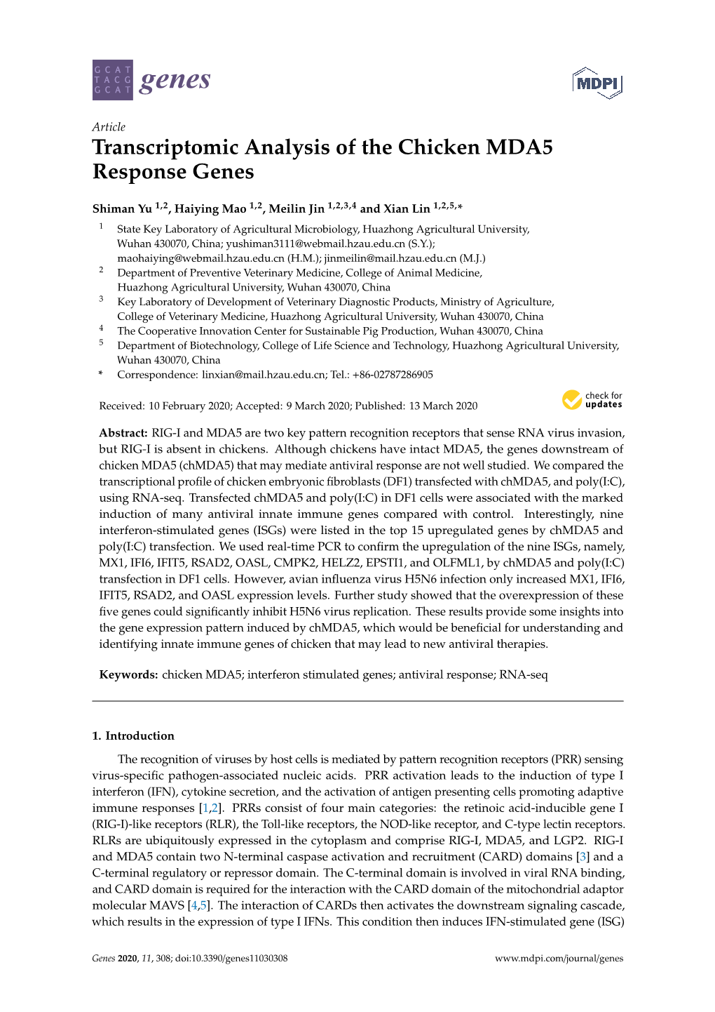 Transcriptomic Analysis of the Chicken MDA5 Response Genes