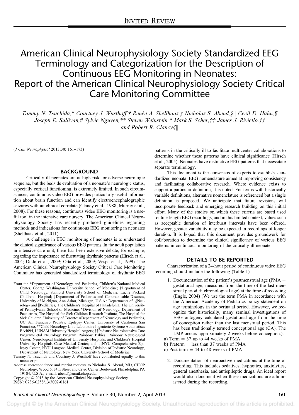 Standardized EEG Terminology and Categorization for the Description of Continuous EEG Monitoring in Neonates