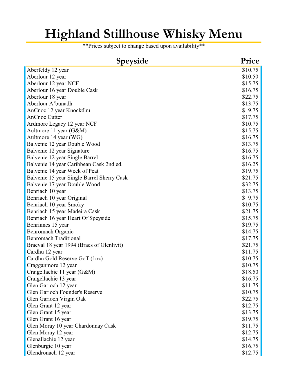 Highland Stillhouse Whisky Menu