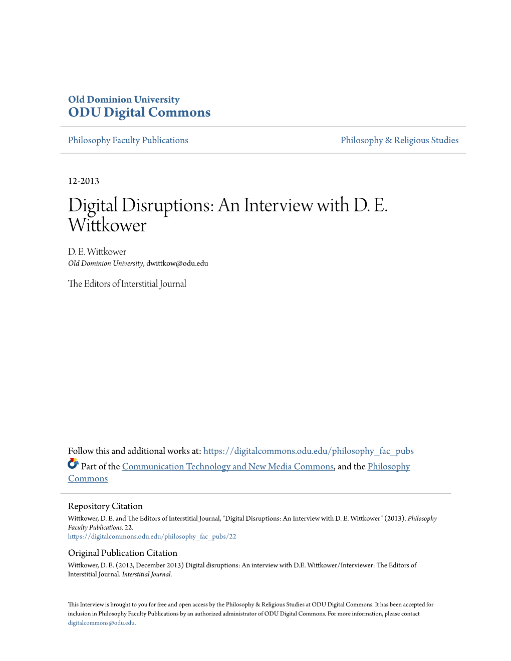 Digital Disruptions: an Interview with D. E. Wittkower D