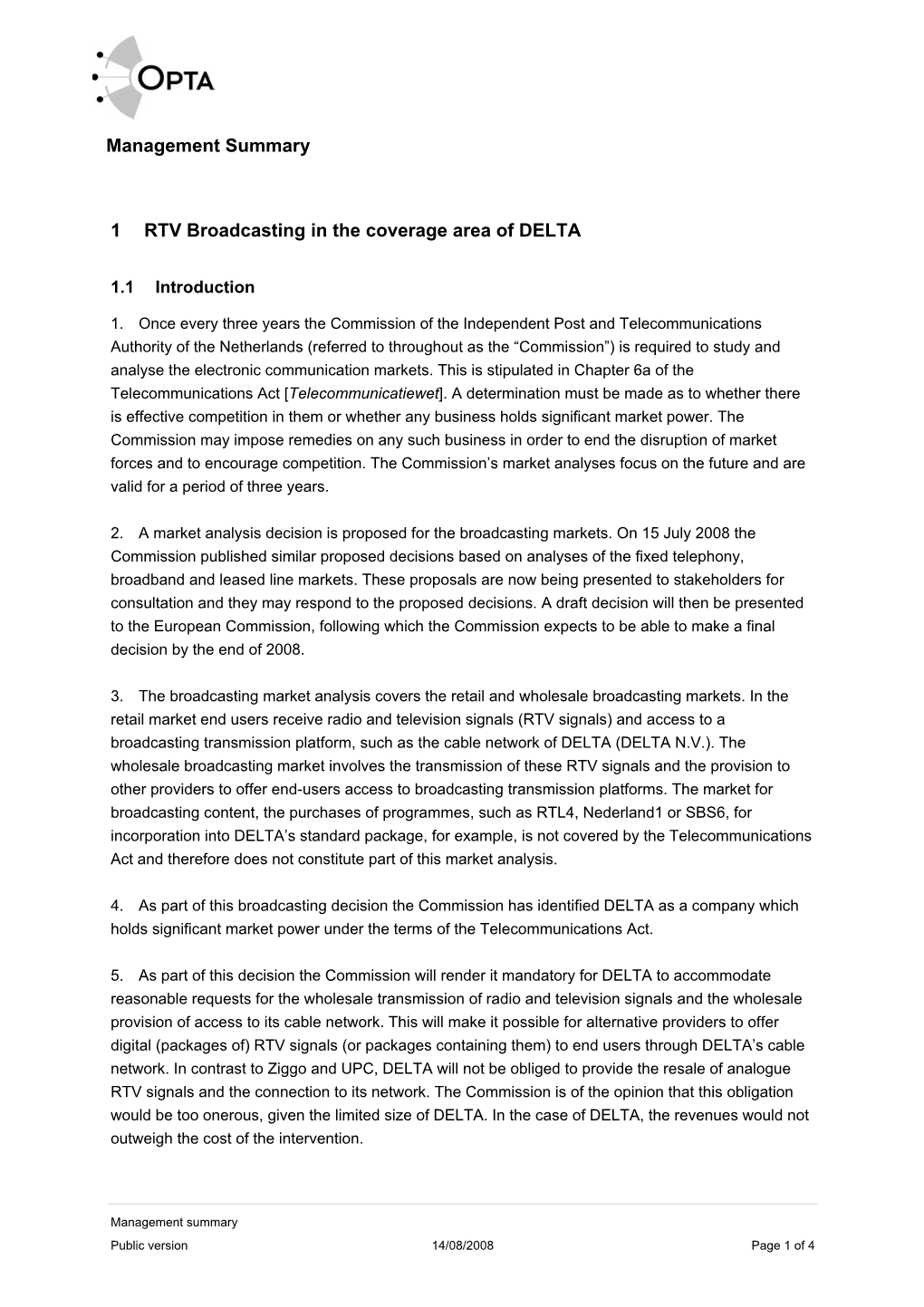 Draft Decision RTV Broadcasting in the Coverage Area of Delta