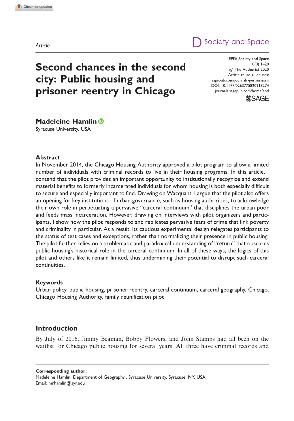 Public Housing and Prisoner Reentry in Chicago