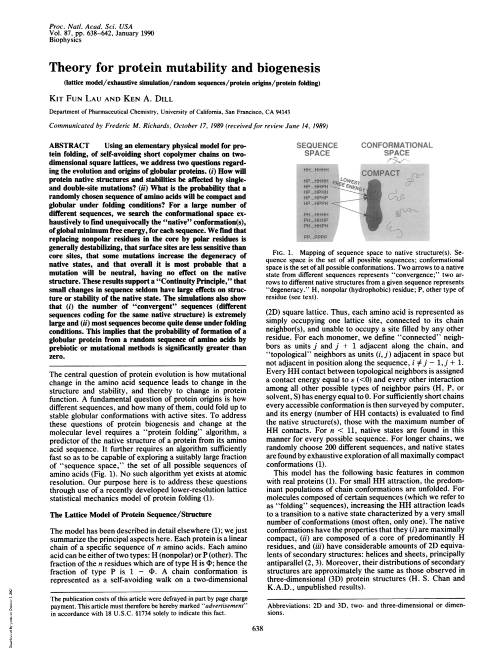 Theory for Protein Mutability and Biogenesis (Lattice Model/Exhaustive Simulation/Random Sequences/Protein Origins/Protein Folding) KIT FUN LAU and KEN A