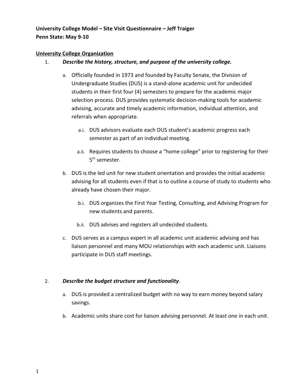 University College Model Site Visit Questionnaire Jeff Traiger