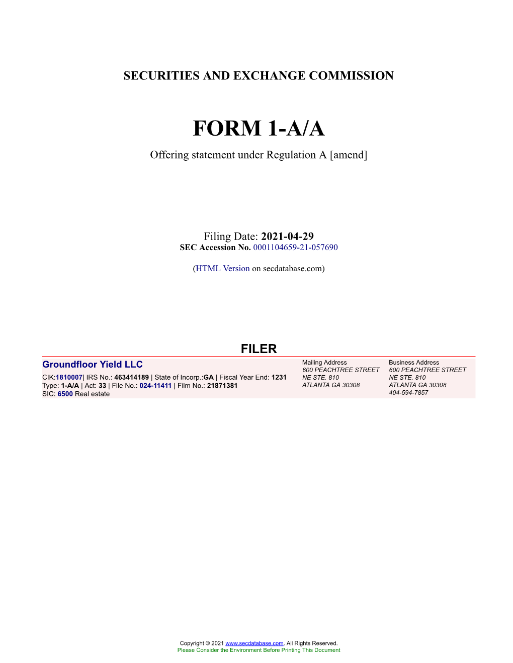 Groundfloor Yield LLC Form 1-A/A Filed 2021-04-29