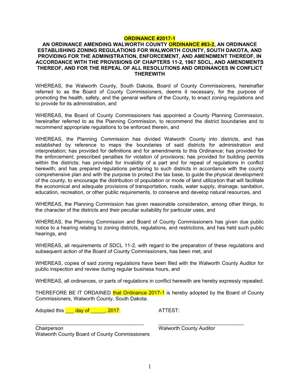 An Ordinance Amending Walworth County Ordinance #83-2, an Ordinance Establishing Zoning