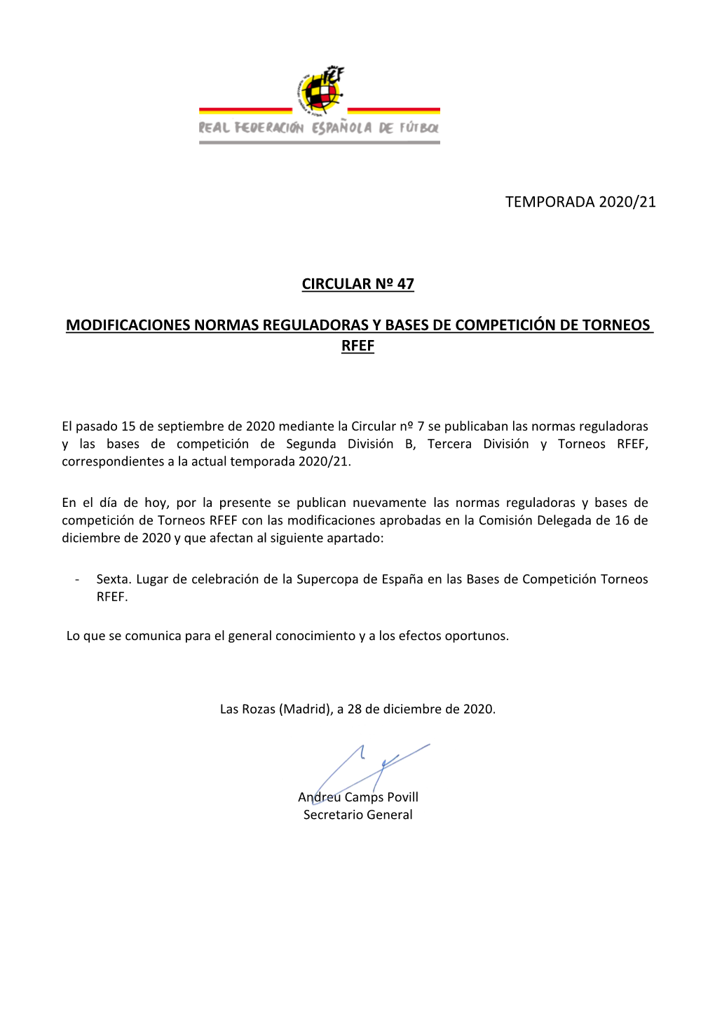 Temporada 2020/21 Circular Nº 47 Modificaciones Normas Reguladoras Y Bases De Competición De Torneos Rfef