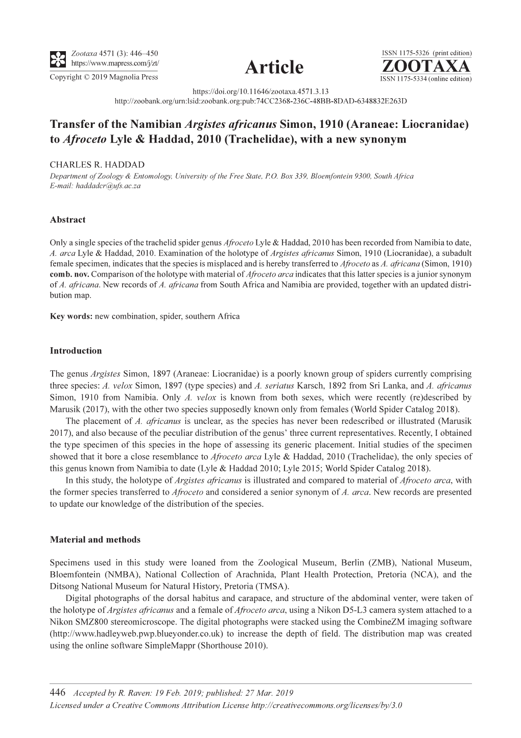 Transfer of the Namibian Argistes Africanus Simon, 1910 (Araneae: Liocranidae) to Afroceto Lyle & Haddad, 2010 (Trachelidae), with a New Synonym