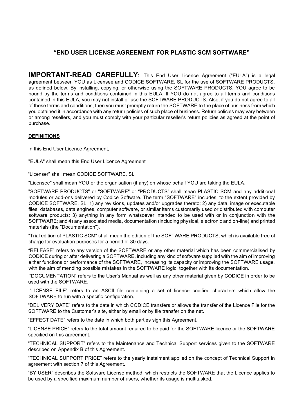 “End User License Agreement for Plastic Scm Software”