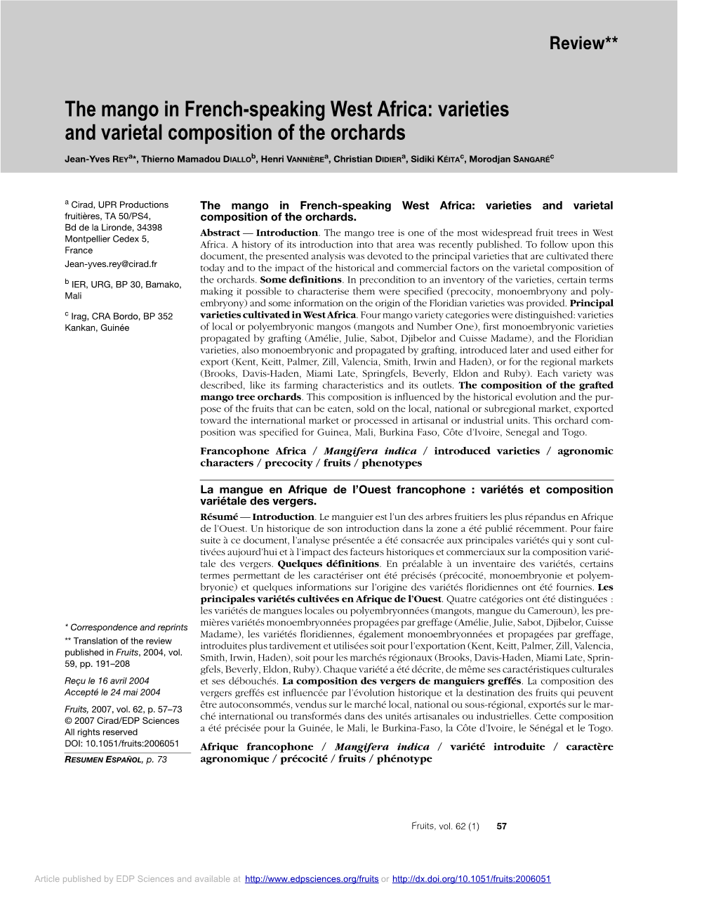 The Mango in French-Speaking West Africa: Varieties and Varietal Composition of the Orchards