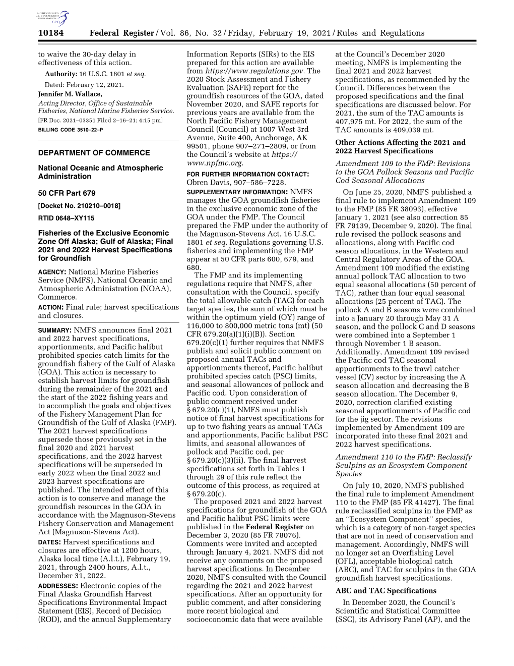 Federal Register/Vol. 86, No. 32/Friday, February 19, 2021/Rules