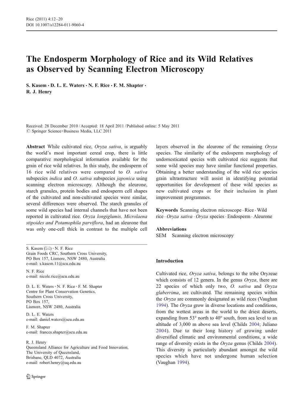 The Endosperm Morphology of Rice and Its Wild Relatives As Observed by Scanning Electron Microscopy