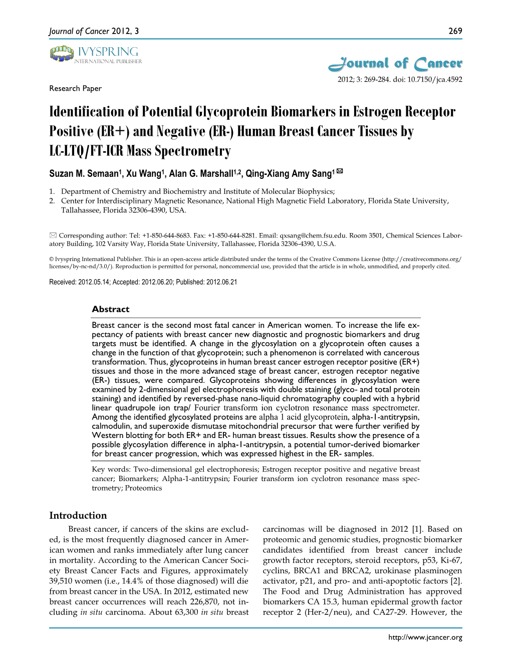 Identification of Potential Glycoprotein Biomarkers in Estrogen Receptor