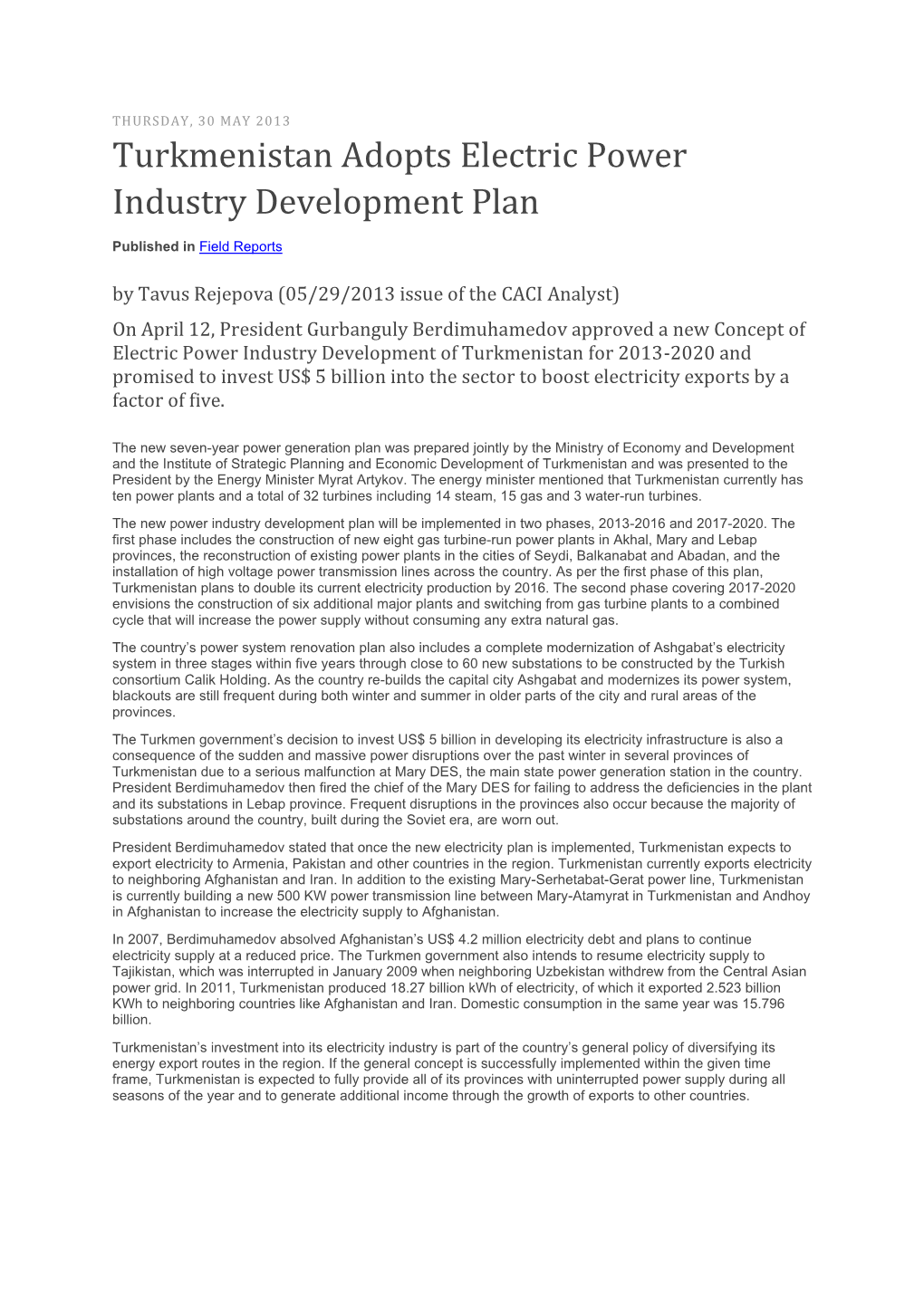 Concept of Electricity Sector Development of Turkmenistan for 2013-2020