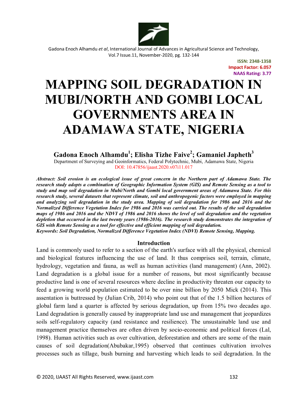 Mapping Soil Degradation in Mubi/North and Gombi Local Governments Area in Adamawa State, Nigeria