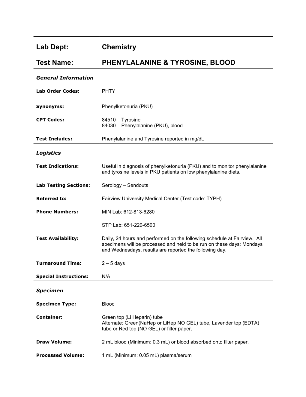 Phenylalanine & Tryosine, Blood