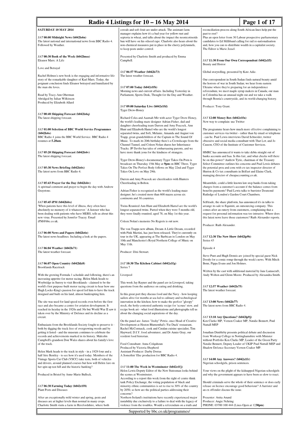 Radio 4 Listings for 10 – 16 May 2014 Page 1 of 17 SATURDAY 10 MAY 2014 Cereals and Soft Fruit Are Under Attack