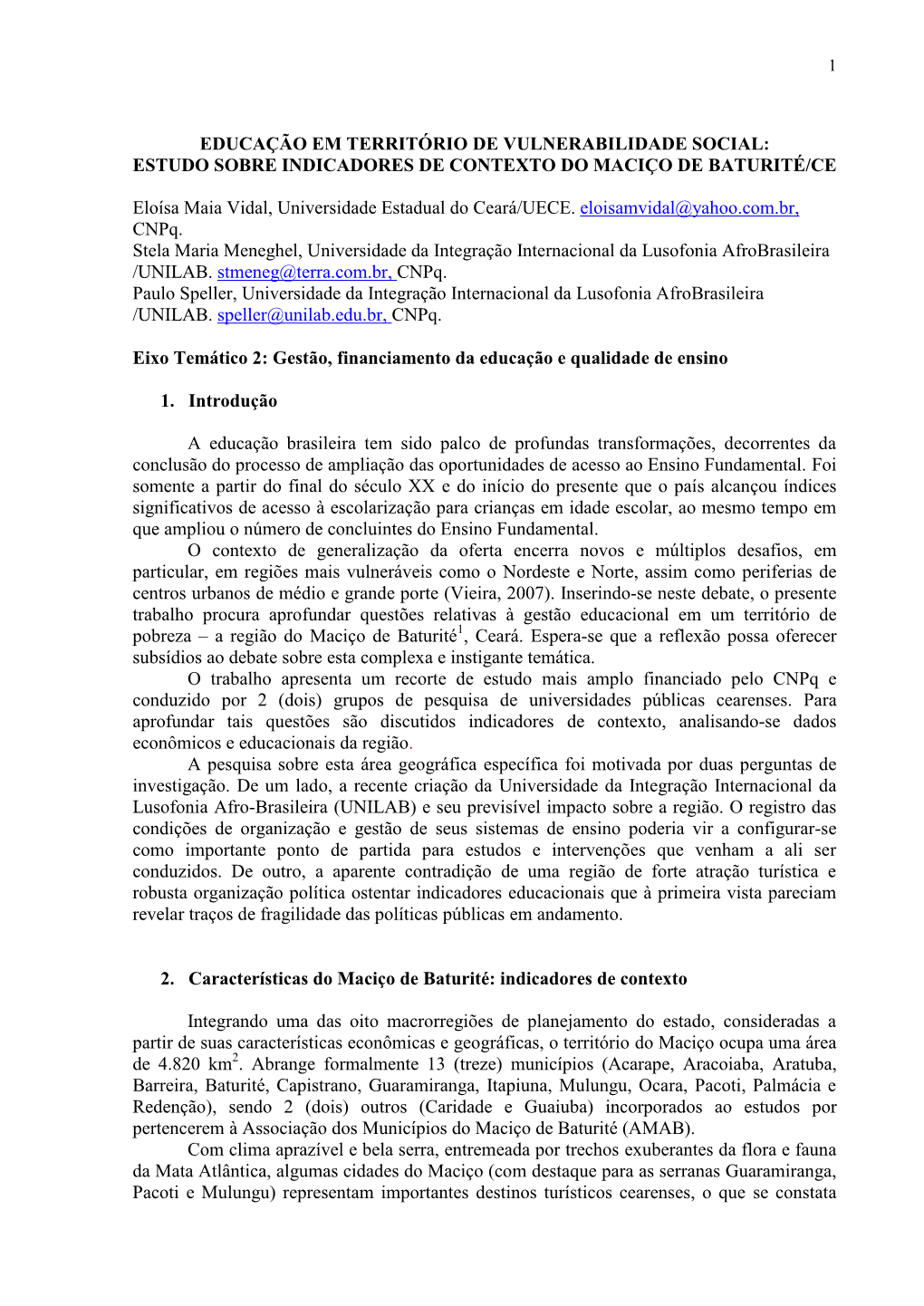 Educação Em Território De Vulnerabilidade Social: Estudo Sobre Indicadores De Contexto Do Maciço De Baturité/Ce