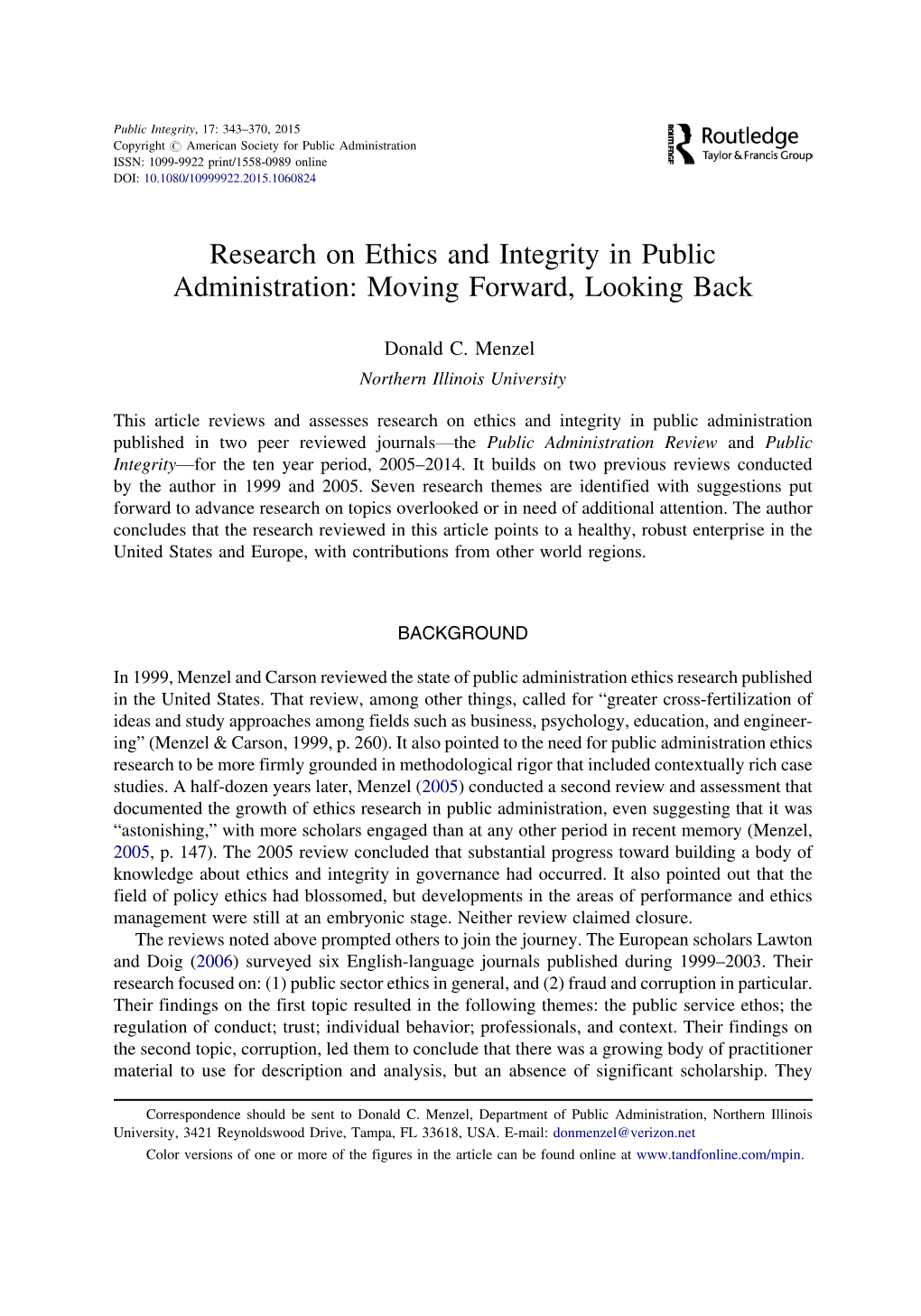 Research on Ethics and Integrity in Public Administration: Moving Forward, Looking Back