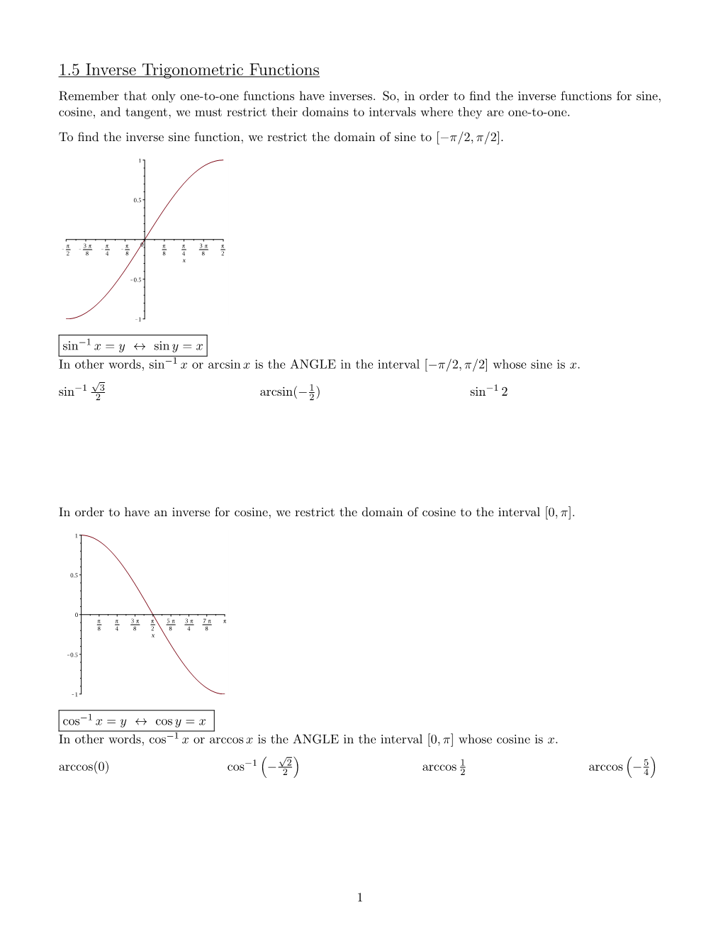 1.5 Inverse Trigonometric Functions Remember That Only One-To-One Functions Have Inverses